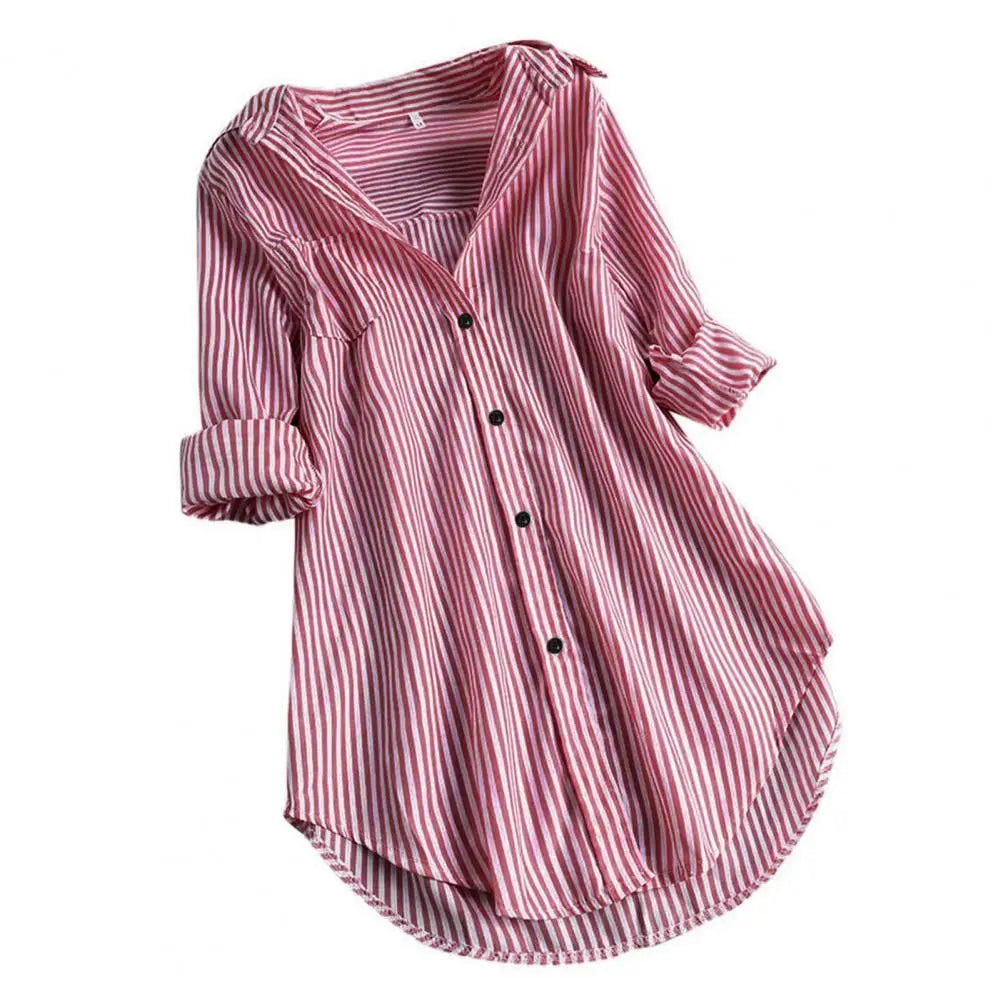 Chemisier Tunique Femme Rayé à Manches Longues Col V Mi-long Col Rabattu Coupe Ample Décontracté Élégant Été Tailles M-4XL