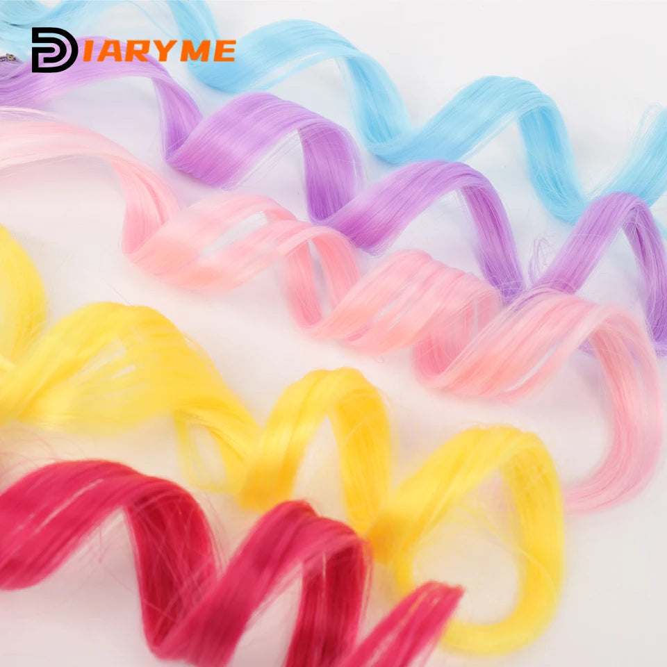 Colorful curly synthetic hair extensions for girls, long clip-in hairpiece, multicolored party strands, wig piece, for women and children