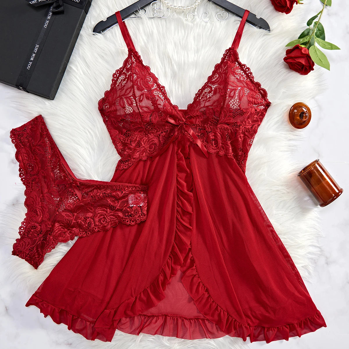 Tulle Ultra Sexy chemise de nuit col en v soutien-gorge ouvert sommeil jupe nuit robe érotique femme pure pyjamas Lingerie tongs Kit de luxe