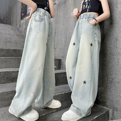 Five-pointed star embroidered jeans for girls aged 3 to 12, stylish wide-leg denim trousers, new spring/autumn collection