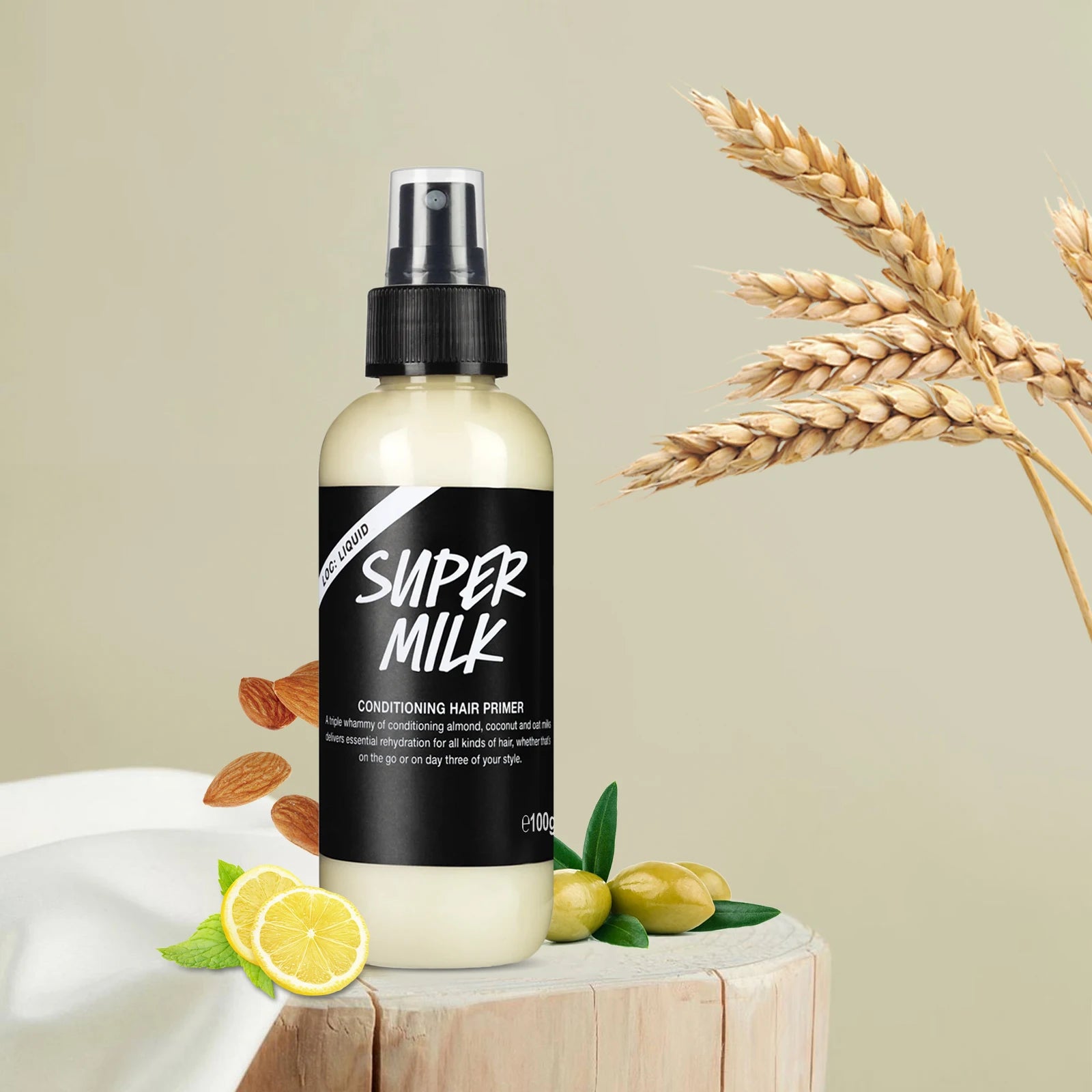 Spray d'apprêt capillaire revitalisant 100g – Contrôle des frisottis, lait d'avoine de noix de coco et d'amande, sans lavage, sans rinçage, lisse et brillant