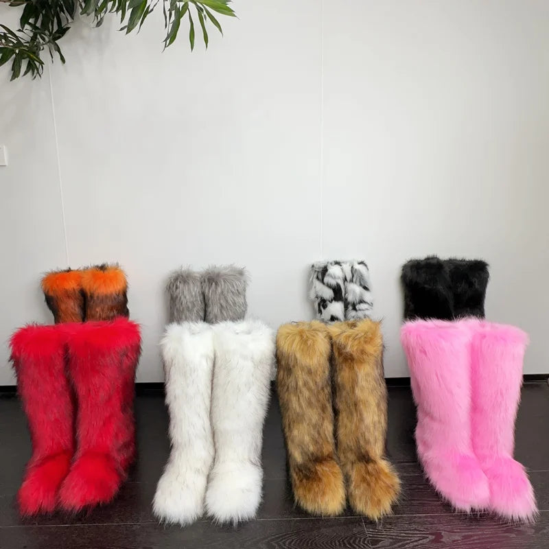 Bottes hautes en fausse fourrure pelucheuse pour femmes – Bottes en fourrure à enfiler douces, chaudes et confortables pour l'automne et l'hiver