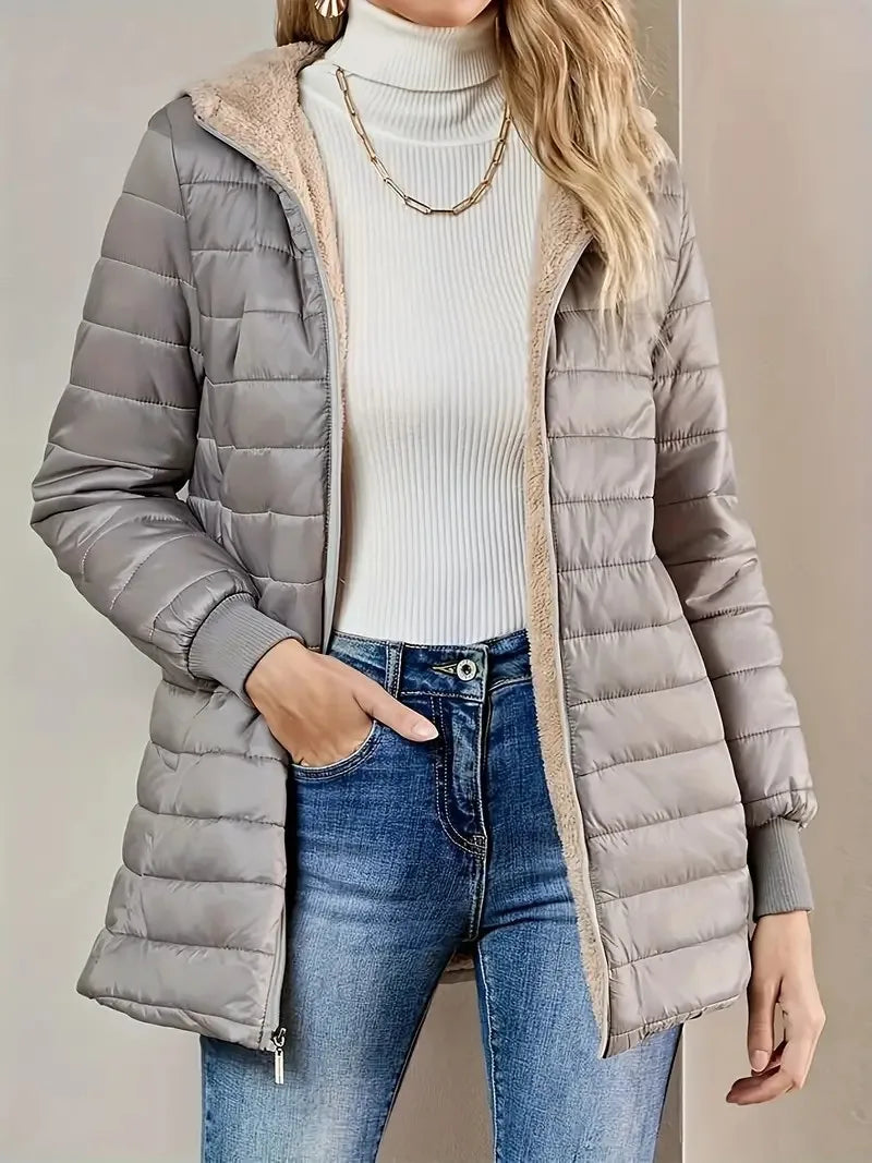 Women's fleece-lined cotton jacket, warm top, loose fit, lightweight, hooded, cotton coat, street style, trendy, autumn/winter