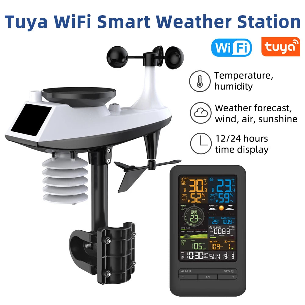 Tuya WiFi Station météo intelligente horloge compteur de température et d'humidité compteur de vitesse et de direction du vent écran couleur horloge numérique
