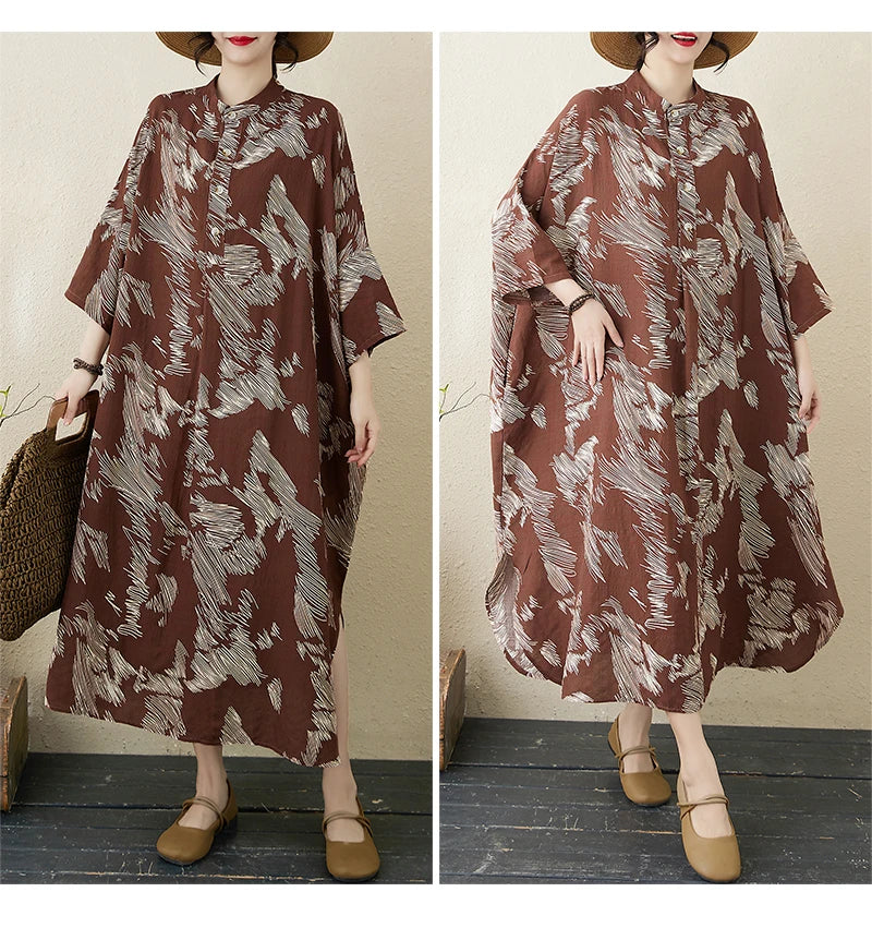 Summer commute. Cotton linen print loose long dress with high neck A-line skirt. Seven long dresses available in plus sizes.