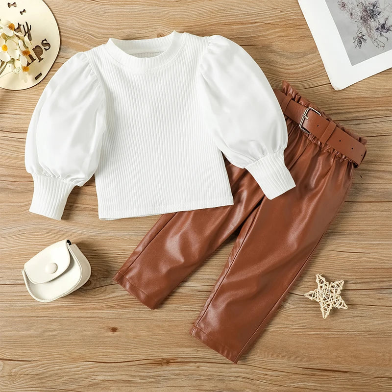 Ensemble de vêtements pour enfants filles, chemisier côtelé à manches longues bouffantes + pantalon en cuir PU avec ceinture, 2 pièces pour vêtements pour filles, taille 1 2 3 4 5 6