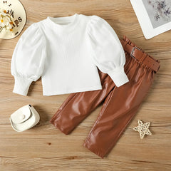 Ensemble de vêtements pour enfants filles, chemisier côtelé à manches longues bouffantes + pantalon en cuir PU avec ceinture, 2 pièces pour vêtements pour filles, taille 1 2 3 4 5 6