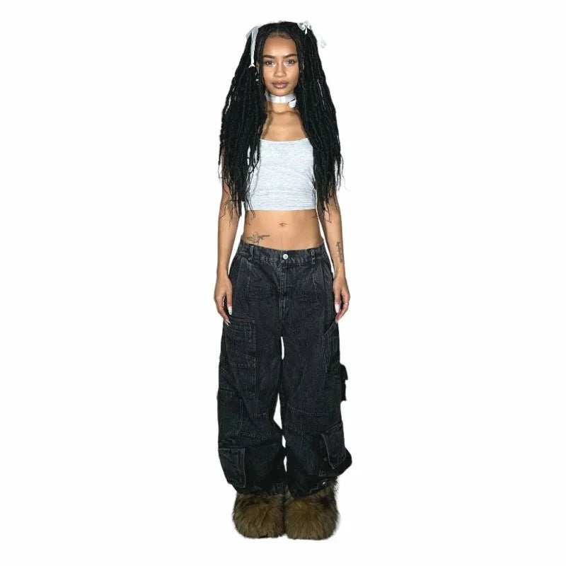 Y2K – jean Baggy en Denim pour femmes, pantalon Cargo, Vintage, multi-poches, taille haute, nouveau pantalon large gothique Harajuku, Streetwear