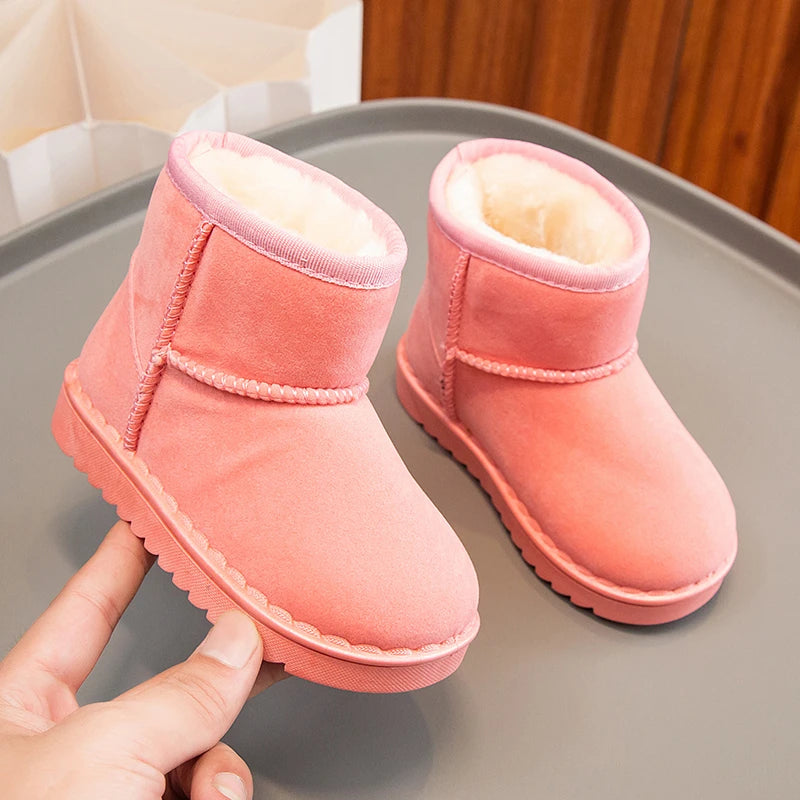 Bottes de neige pour enfants, Style concis, peluche épaisse, bottes courtes d'hiver pour enfants, couleur unie, chaussures classiques unisexes à enfiler pour garçons et filles 23-36