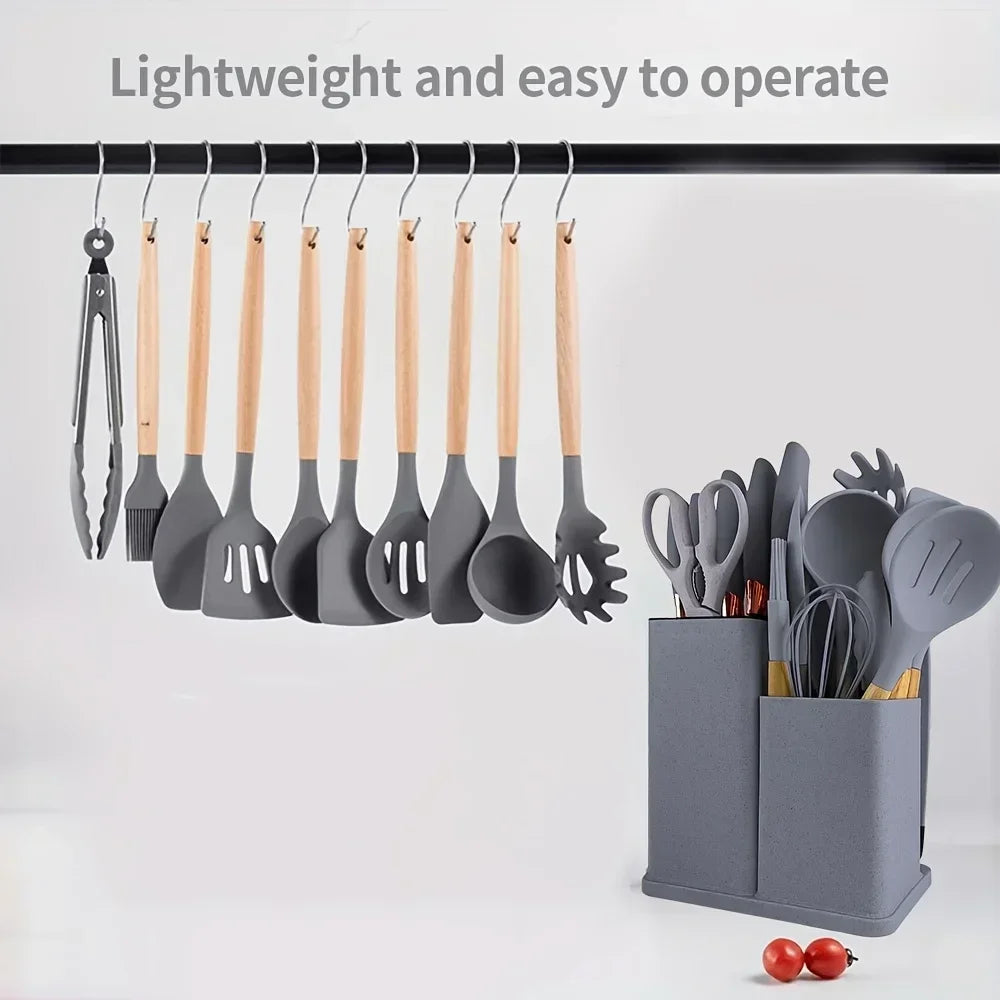 Ensemble d'ustensiles de cuisine antiadhésifs en Silicone, 19 pièces, avec couteaux, outils résistants à la chaleur dans un rangement en bambou, parfait pour la cuisine