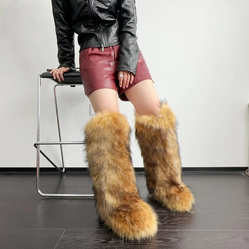 Bottes hautes en fausse fourrure pelucheuse pour femmes – Bottes en fourrure à enfiler douces, chaudes et confortables pour l'automne et l'hiver