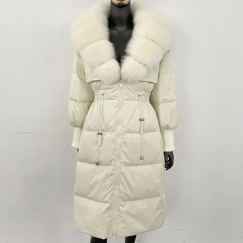 Doudoune longue avec col en fourrure pour femme, pardessus en fourrure de renard, longueur aux genoux, à la mode, chaude, cintrée à la taille, vêtements d'extérieur amincissants