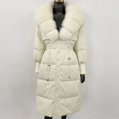 Doudoune longue avec col en fourrure pour femme, pardessus en fourrure de renard, longueur aux genoux, à la mode, chaude, cintrée à la taille, vêtements d'extérieur amincissants