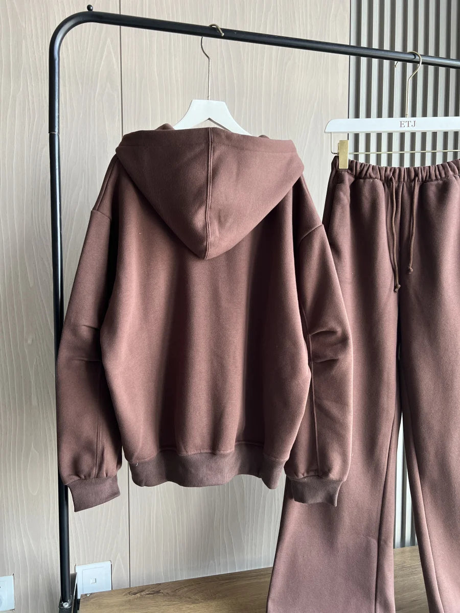 ETJ 2025 automne/hiver nouveau sport décontracté pour femmes surdimensionné sweat à capuche avec fermeture éclair jambe large vadrouille pantalons de survêtement ensemble 4174842