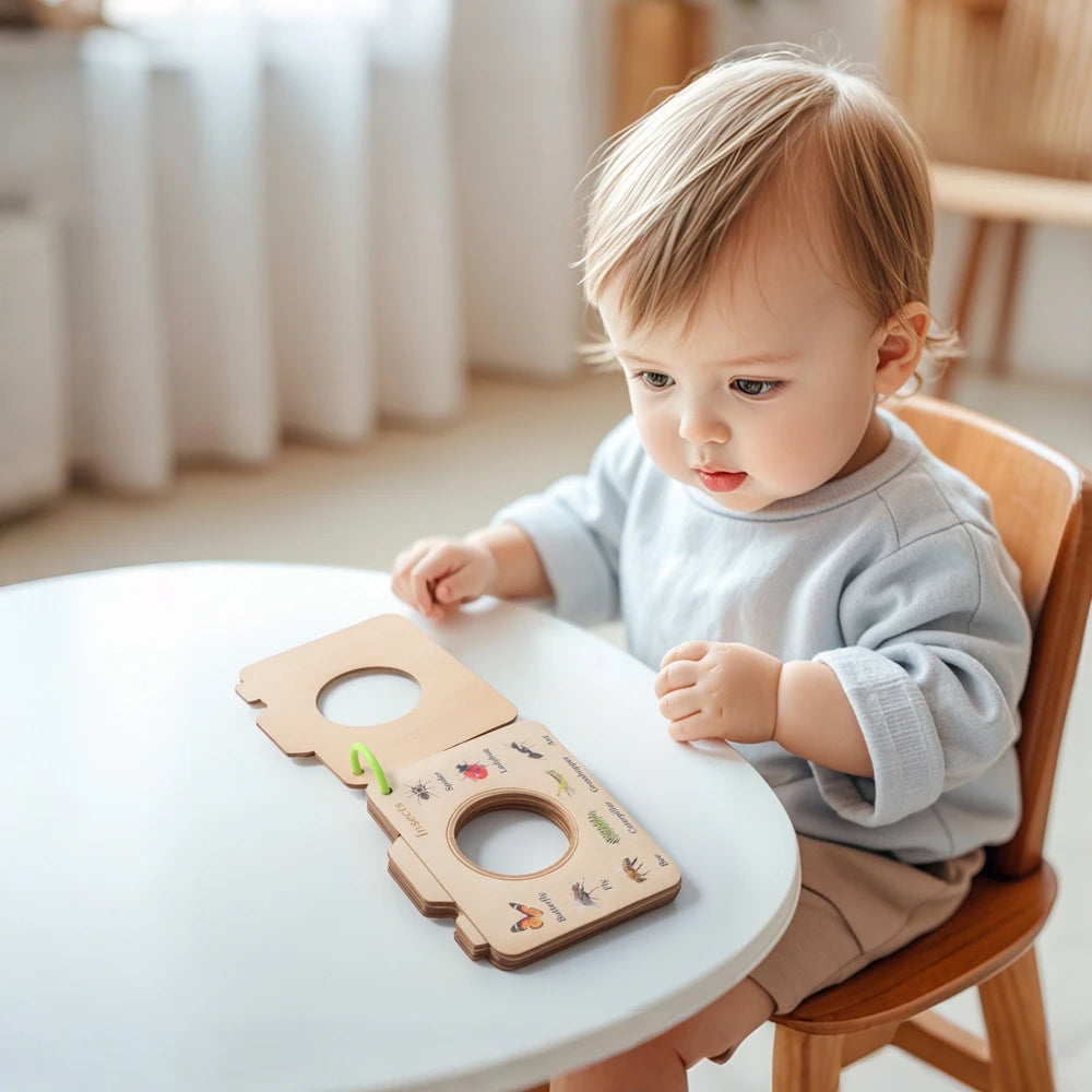 Livre en bois Montessori, jouets éducatifs, animaux d'extérieur, plantes, Puzzle cognitif, jouets pour enfants de 0 à 12 mois