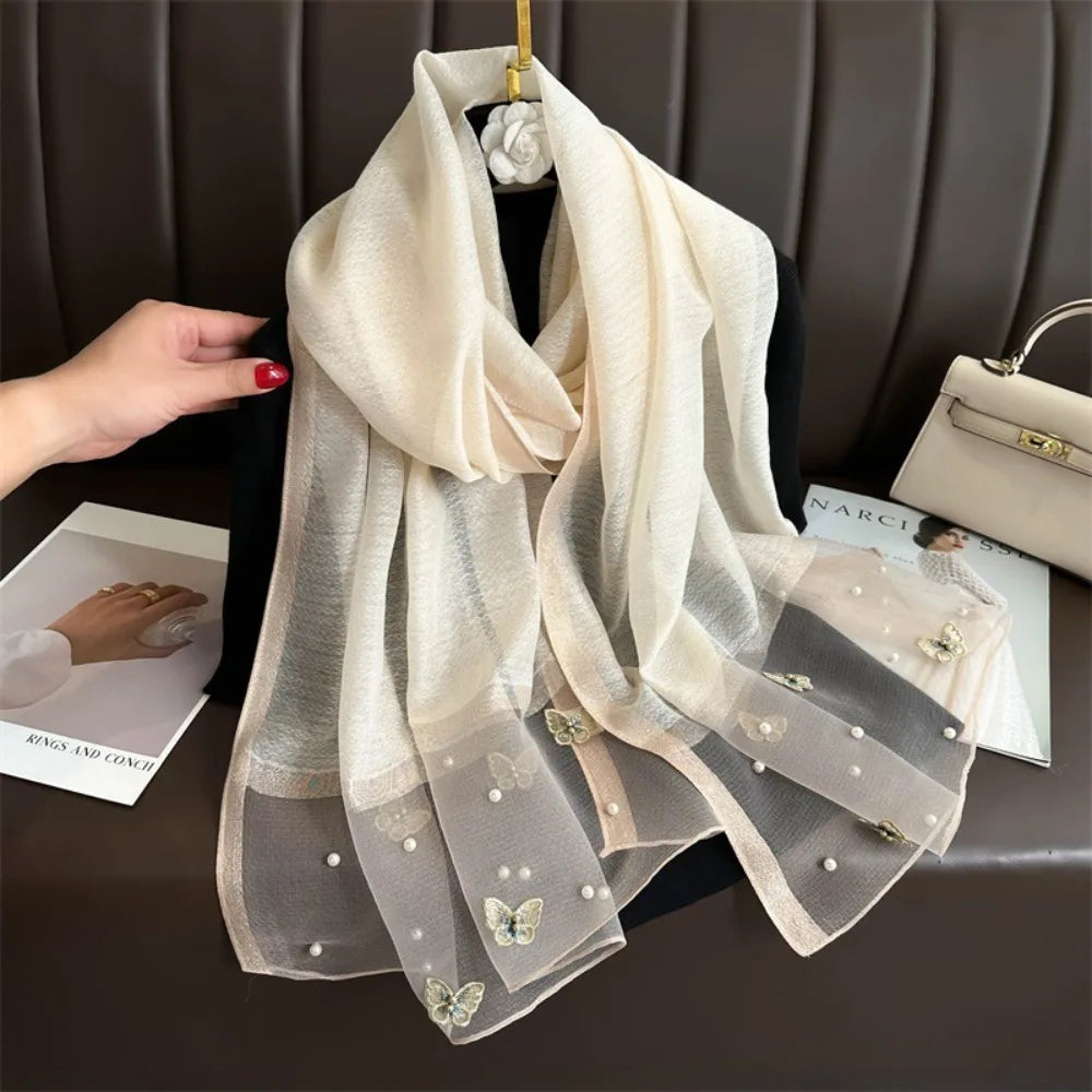 Grand Foulard Fin et Élégant avec Broderie Papillon, Châle Hijab de Luxe pour Femme