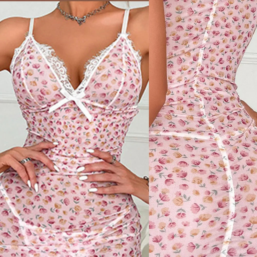 Robe en fibre de dentelle élastique à col en V pour femme, pyjama transparent, chemise de nuit confortable, sous-vêtement respirant, lingerie sexy