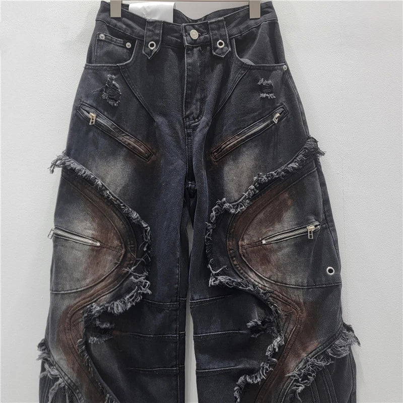 DEAT 2025 Autumn New Fashion Patchwork Burls Cargo Denim Pants for Women High Waist Loose Wide Leg Fashionable Jeans 11A06257