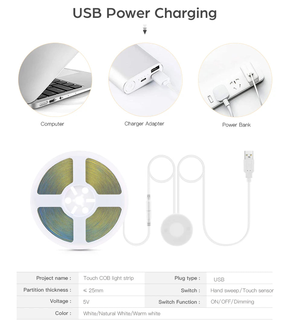 5V USB COB LED strip light, with manual scanning motion sensor and touch dimming switch, 1M-5M LED strip light, kitchen and bedroom lighting