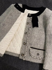 Manteaux matelassés épais mélanges veste en laine grise haut court hiver Vintage mince une ligne jupes femmes deux pièces ensembles costume à nœud Y2k