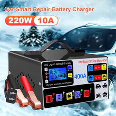 High-power car battery charger, fast charger, intelligent pulse repair, automatic shut-off, 400A, 12V, 24V, 220W