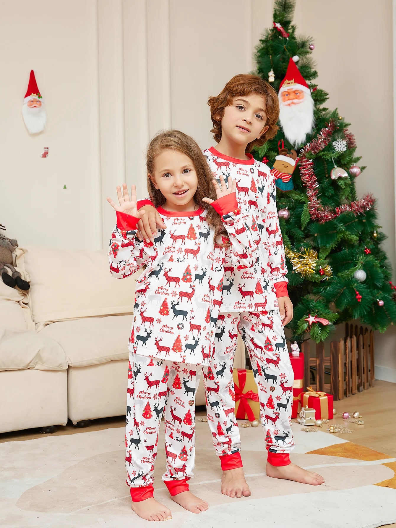 Ensemble pyjama de Noël pour enfants – Pyjama assorti rouge blanc à imprimé partout avec renne, arbre, « Joyeux Noël »