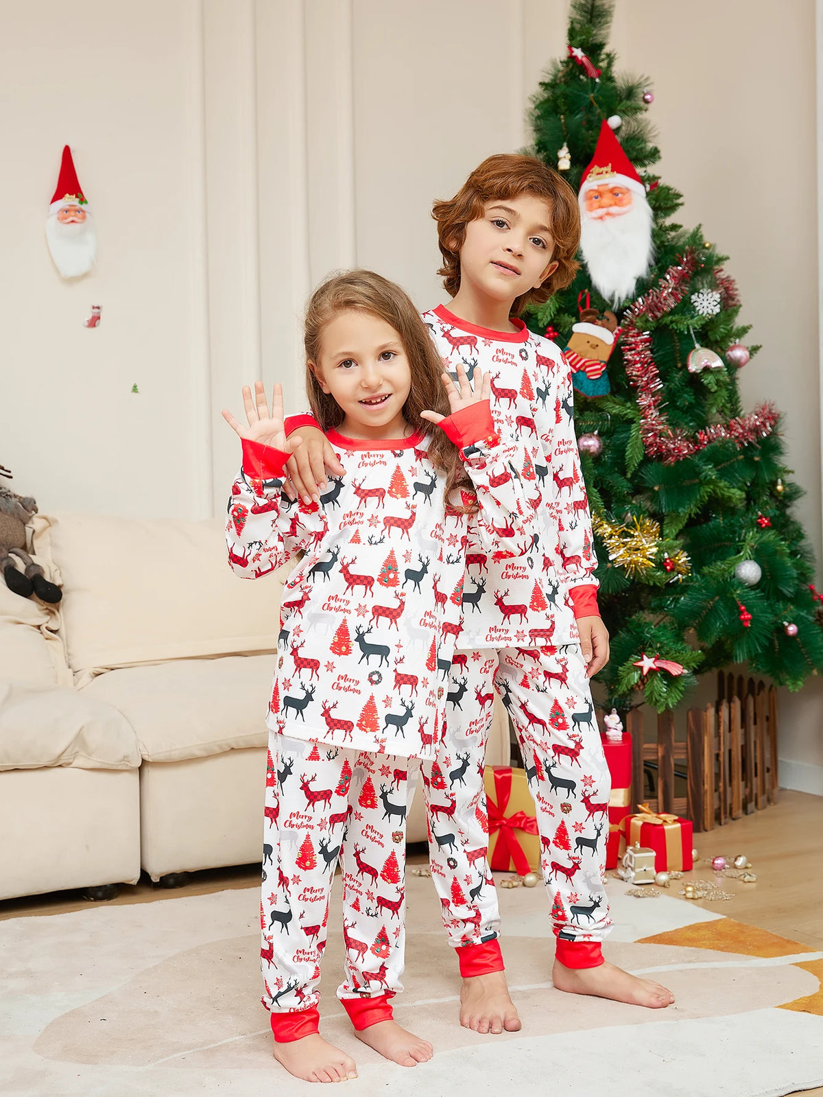 Ensemble pyjama de Noël pour enfants – Pyjama assorti rouge blanc à imprimé partout avec renne, arbre, « Joyeux Noël »