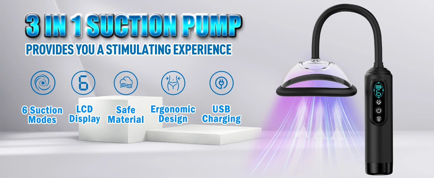 Electric BDSM suction pump for women, vibrating pussy pump, vacuum suction toy, vaginal sex pump, 7 suction cups, clitoral and nipple suction cup.