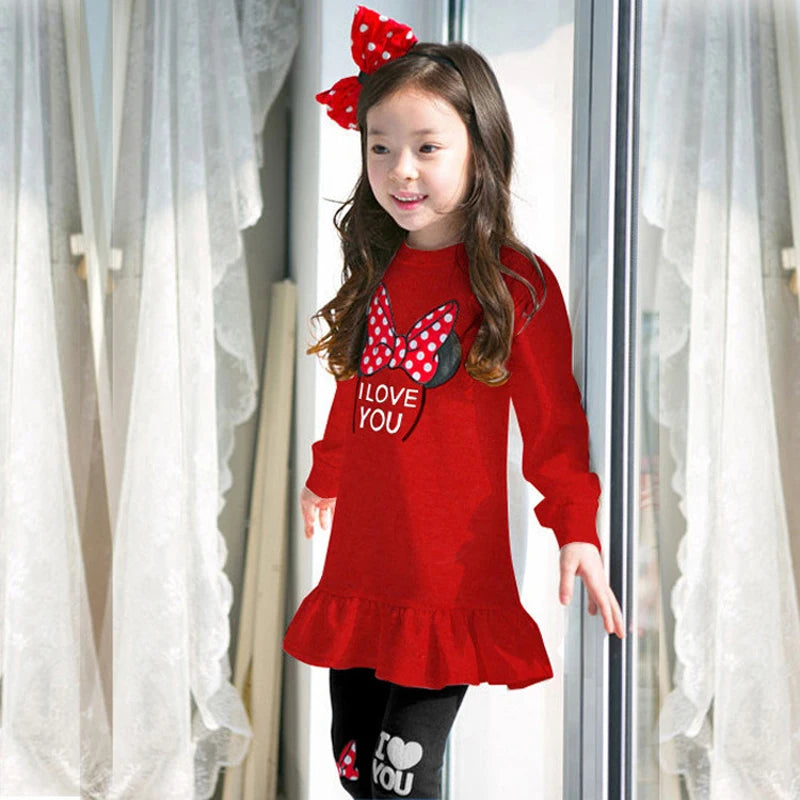 Ensemble de vêtements pour enfants printemps-automne, chemise + Leggings en coton à manches longues avec nœud papillon de dessin animé, costume 2 pièces pour filles de 3 à 8 ans, tenue décontractée