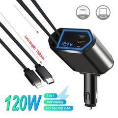 Retractable car charger, 4-in-1 120W fast charging car charger, retractable cable and 2 USB ports. Compatible with car charger adapter.