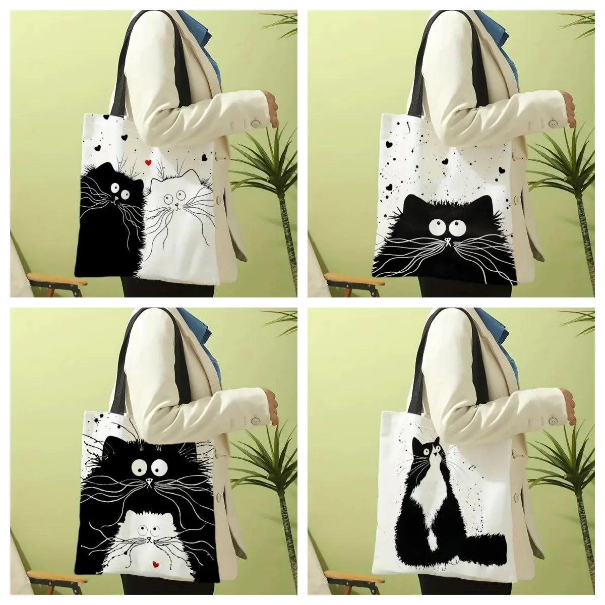 Fourre-tout réutilisable en lin imprimé chats mignons, sac de rangement d'épicerie, sac à bandoulière Portable de grande capacité, fourre-tout lavable en Machine