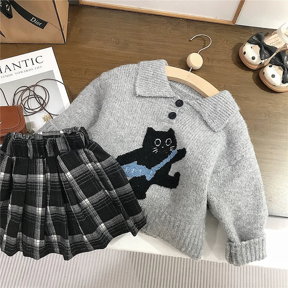 Automne hiver enfants vêtements coton chat Jacquard col rabattu enfant fille pull costumes ample Plaid enfant en bas âge bébé fille jupes