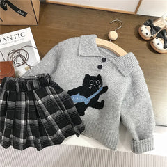 Automne hiver enfants vêtements coton chat Jacquard col rabattu enfant fille pull costumes ample Plaid enfant en bas âge bébé fille jupes