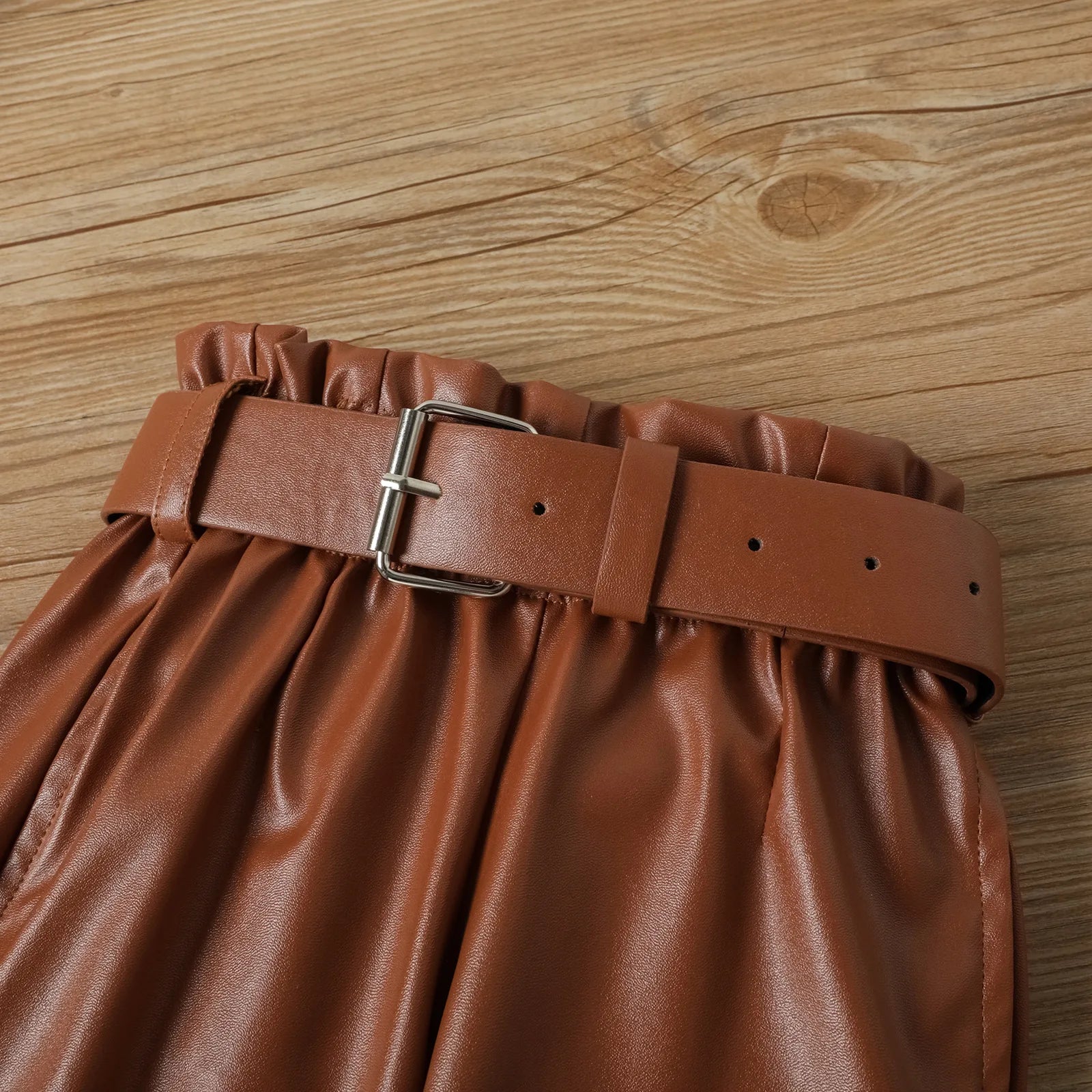 Ensemble de vêtements pour enfants filles, chemisier côtelé à manches longues bouffantes + pantalon en cuir PU avec ceinture, 2 pièces pour vêtements pour filles, taille 1 2 3 4 5 6