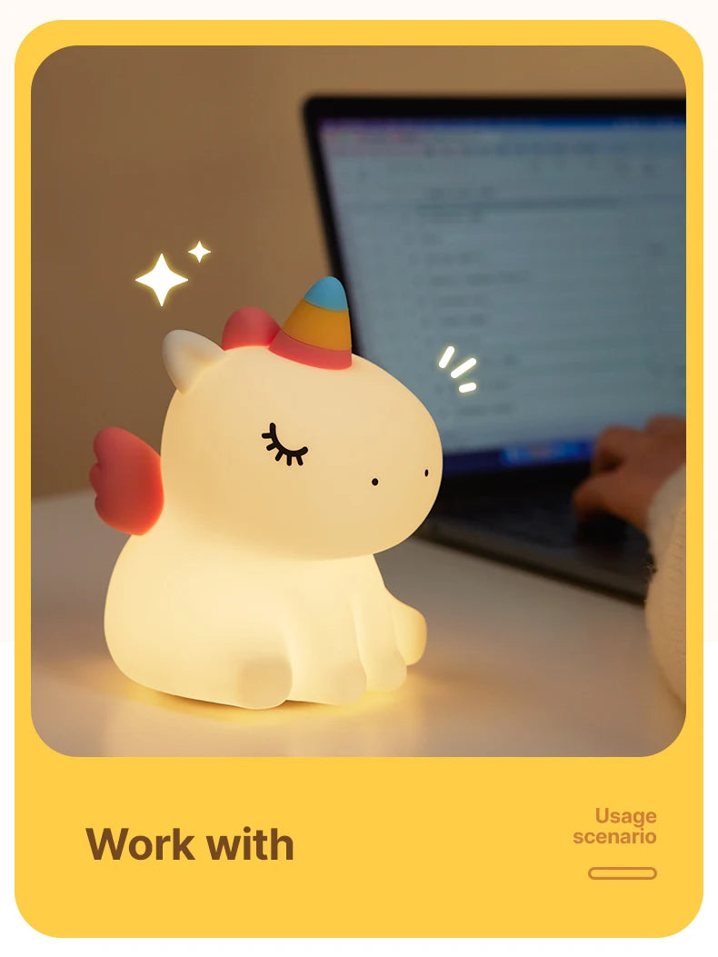 Veilleuse licorne mignonne en Silicone pour enfants, veilleuse LED à intensité variable, lampe licorne Squishy, lampe de chevet Rechargeable