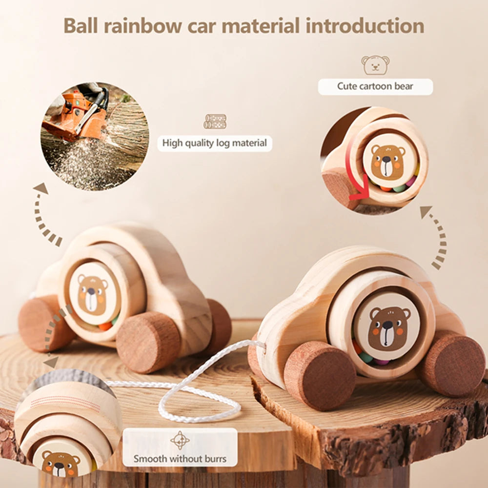 Jouets Montessori en bois pour bébé, 1 pièce, anneau de dentition de Bus de dessin animé, ours en bois de hêtre, voiture pour enfants, jouets éducatifs Montessori, cadeau