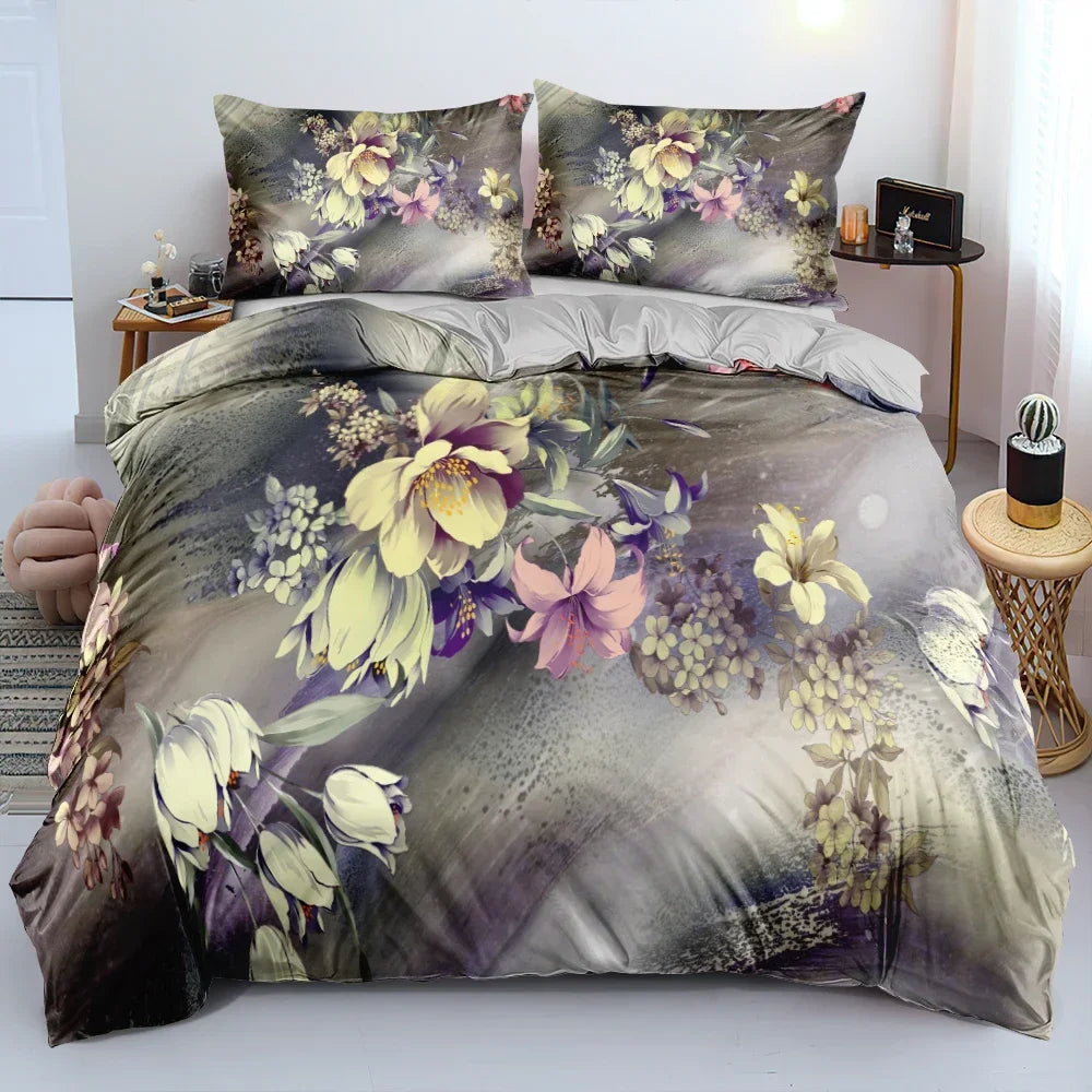 Royal Blue Gold Flower Classic Duvet Cover Sets, Queen, Full, Double Duvet Covers Pillowcases Bedding Set 260x220cm