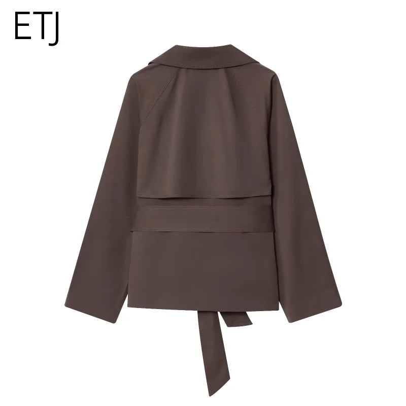 ETJ Autumn 2025 New Collection Women's British Style Double-Breasted Lapel Mesh Colour Belted Casual Trench Coat