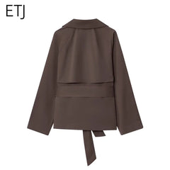ETJ Autumn 2025 New Collection Women's British Style Double-Breasted Lapel Mesh Colour Belted Casual Trench Coat