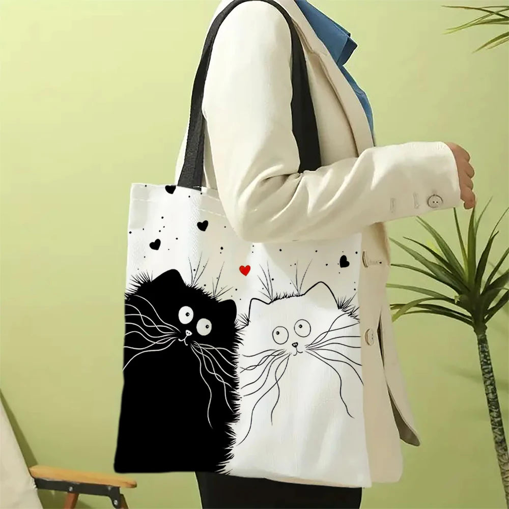 Fourre-tout réutilisable en lin imprimé chats mignons, sac de rangement d'épicerie, sac à bandoulière Portable de grande capacité, fourre-tout lavable en Machine