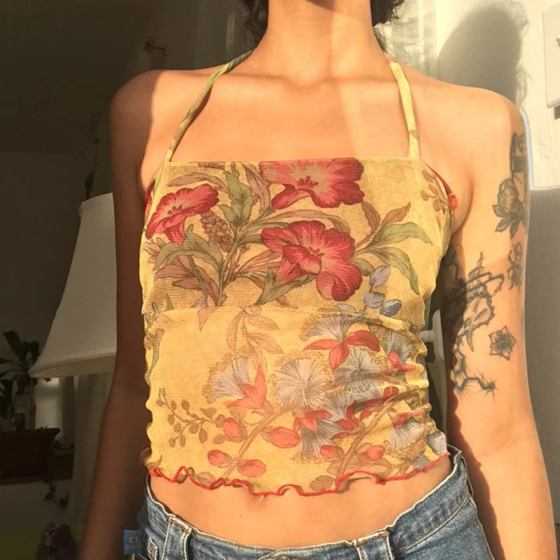 Haut court en maille transparente pour femmes, licou croisé à volants, sueurs féminins, vêtements de fête d'été, Y2K, Précieux, Vintage, Y-E-Girls