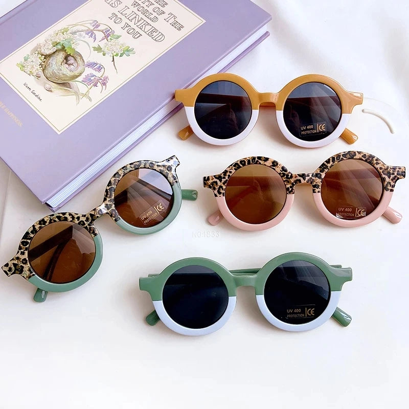 Lunettes de soleil rondes pour enfants, design de dessin animé mignon, léopard, Double couleur, Vintage, Protection UV, classique, pour filles et garçons