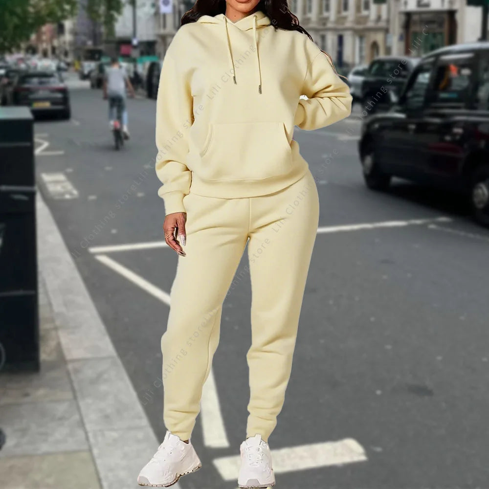 Ensemble deux pièces à capuche et pantalon pour femme, basique, vierge, automne-hiver, sweat-shirt surdimensionné, coupe ample, survêtement féminin