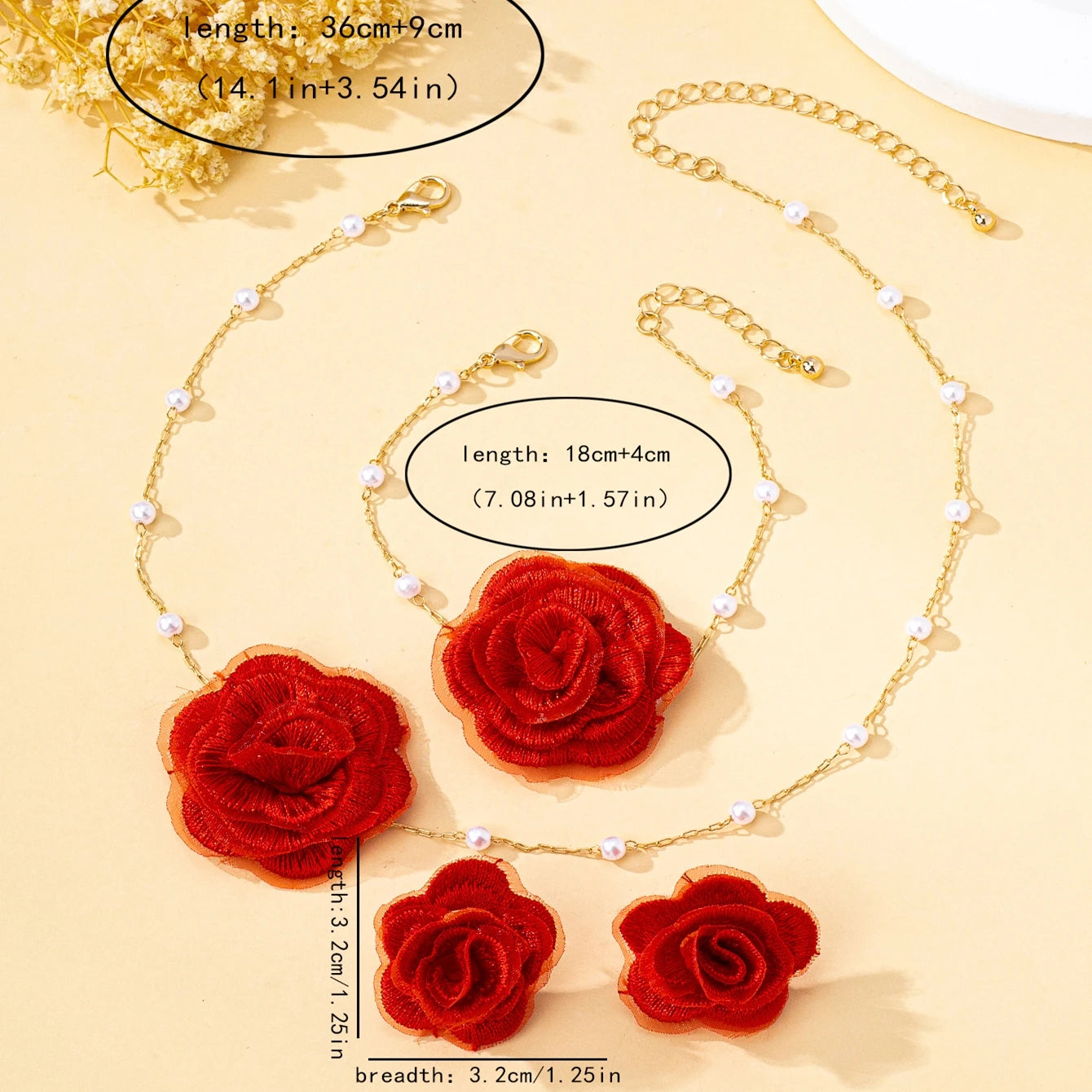 Ensemble de bijoux pour femmes, tissu élégant, fleur, Imitation de perles, collier, Bracelet, boucles d'oreilles, bijoux bohème pour usage quotidien et vacances