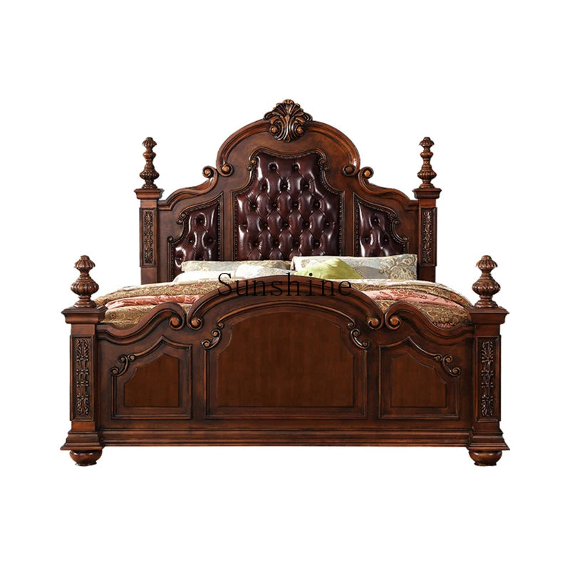 Lit double en cuir américain, lit de princesse rétro, tout en bois massif, européen