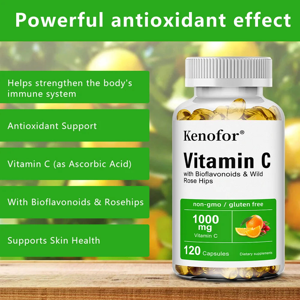 Vitamine C 1000 Mg - avec agrumes, églantier, soutien immunitaire, production de collagène, santé de la peau, antioxydant, 120 gélules