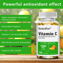 Vitamine C 1000 Mg - avec agrumes, églantier, soutien immunitaire, production de collagène, santé de la peau, antioxydant, 120 gélules