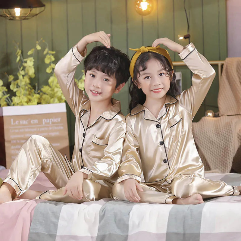 Vêtements pour enfants adolescente rose Satin Pyjamas à manches longues enfants Homewear vêtements garçons solide chemise de nuit soie Pijamas bébé Pjs