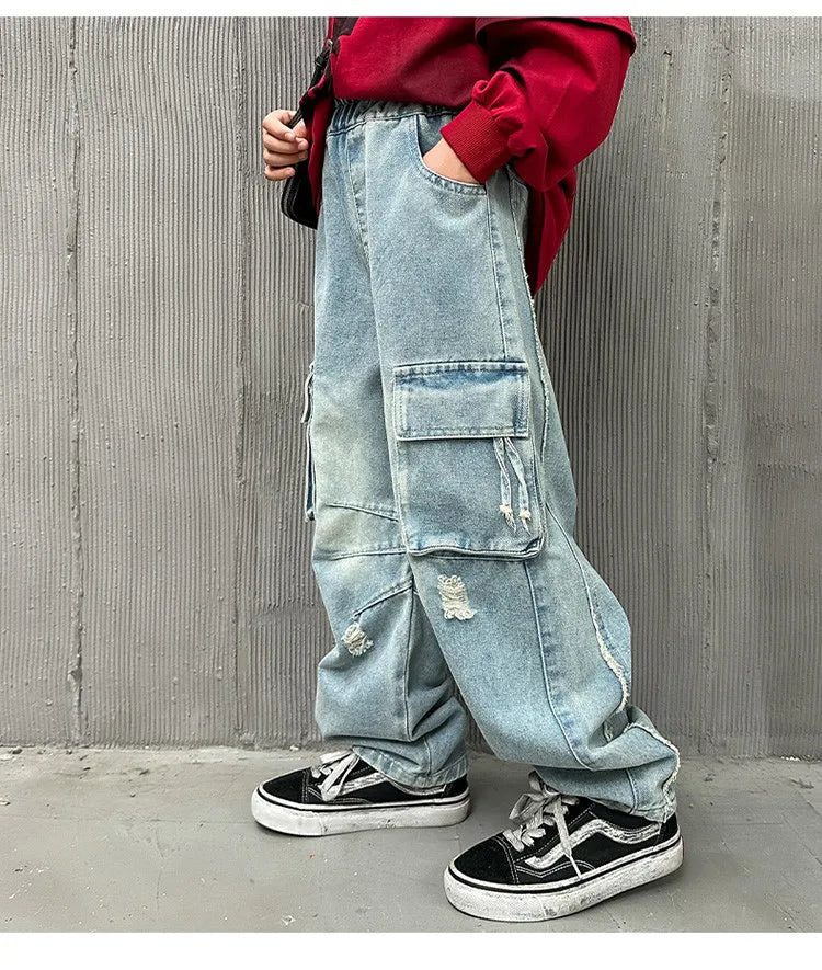 Adolescents garçons Hip Hop Streetwear vêtements de travail jean printemps automne 2025 nouveau Style enfants beau à la mode déchiré pantalon à jambes larges