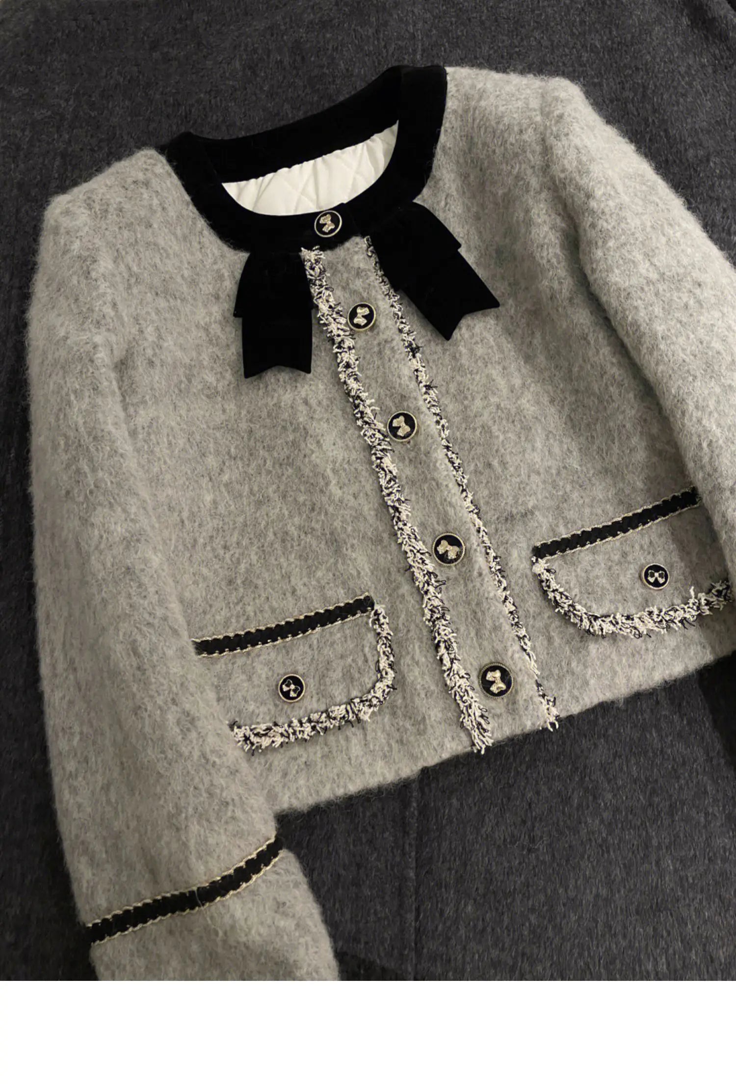 Manteaux matelassés épais mélanges veste en laine grise haut court hiver Vintage mince une ligne jupes femmes deux pièces ensembles costume à nœud Y2k
